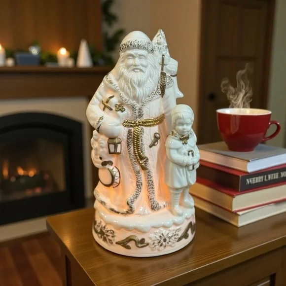 Vintage Light-Up Santa Claus with Child Christmas Figurine 9" Gold - Picture 6 of 7